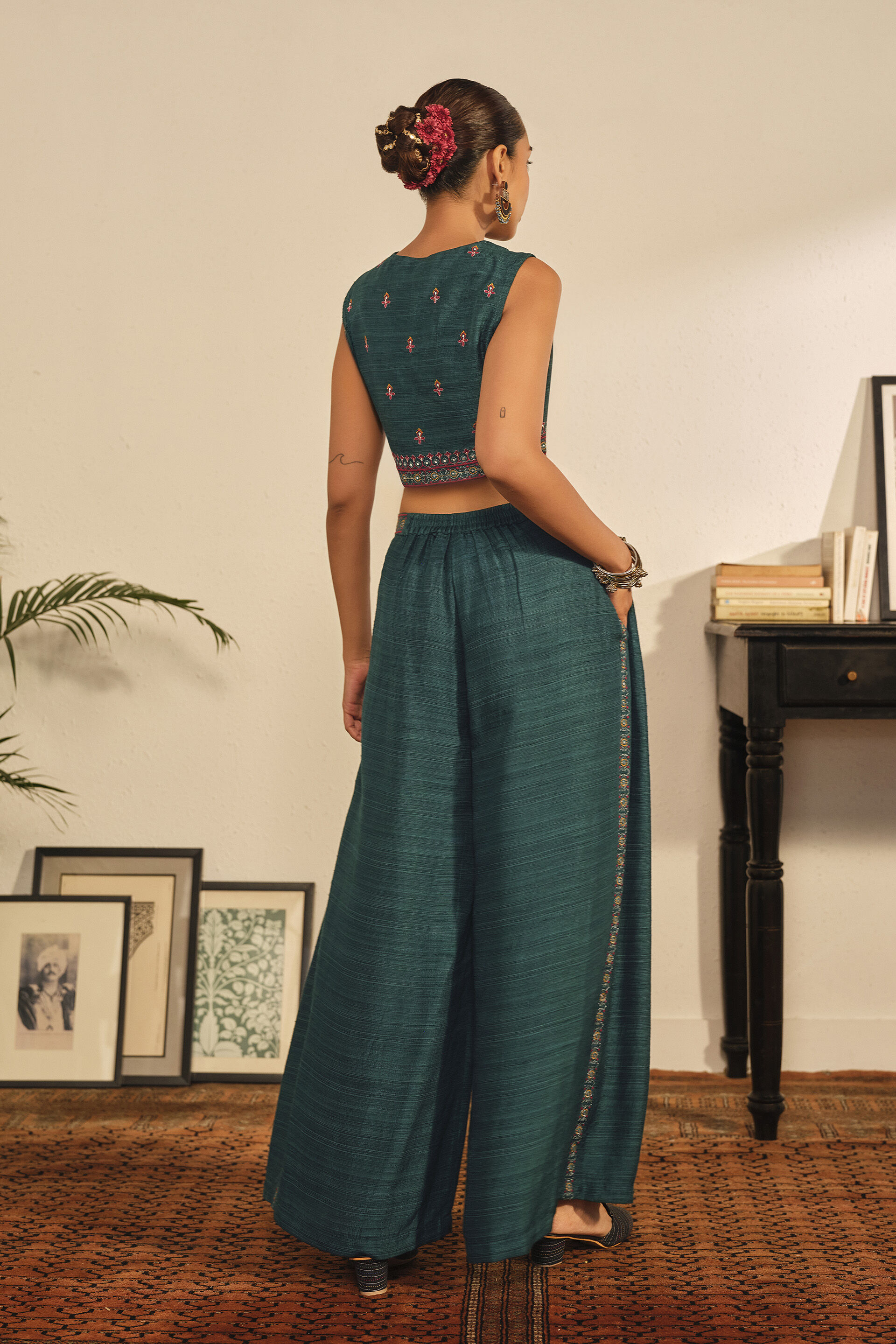 Embroidered Co-ord Set in Forest Green, Green, image 3